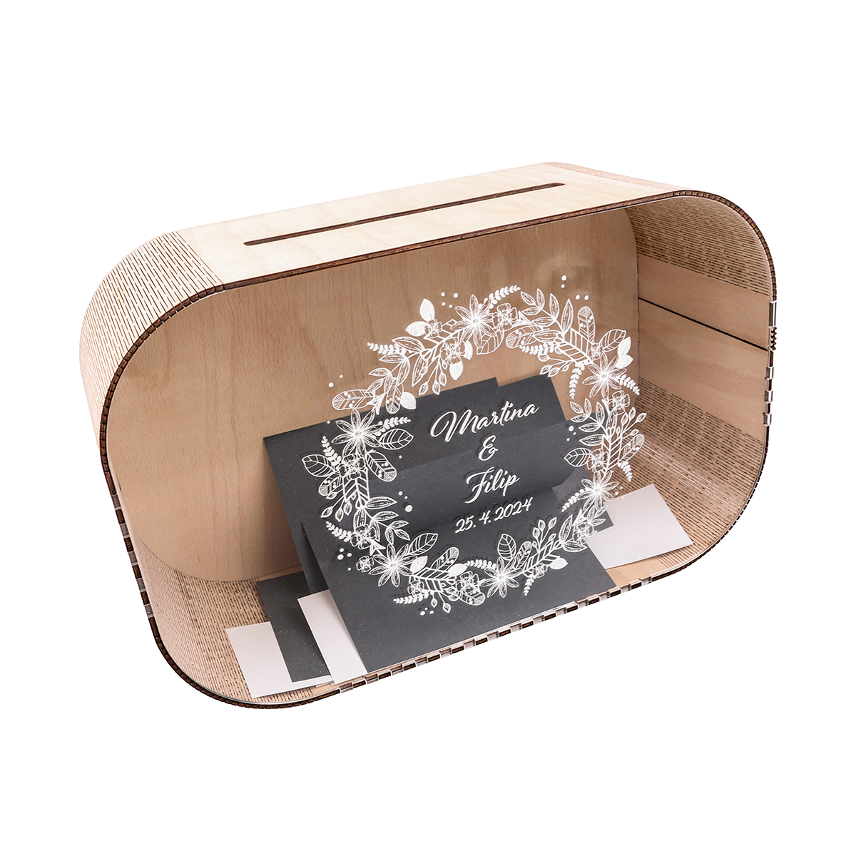 Svatební box na přání s motivem na míru, průhledné čelo