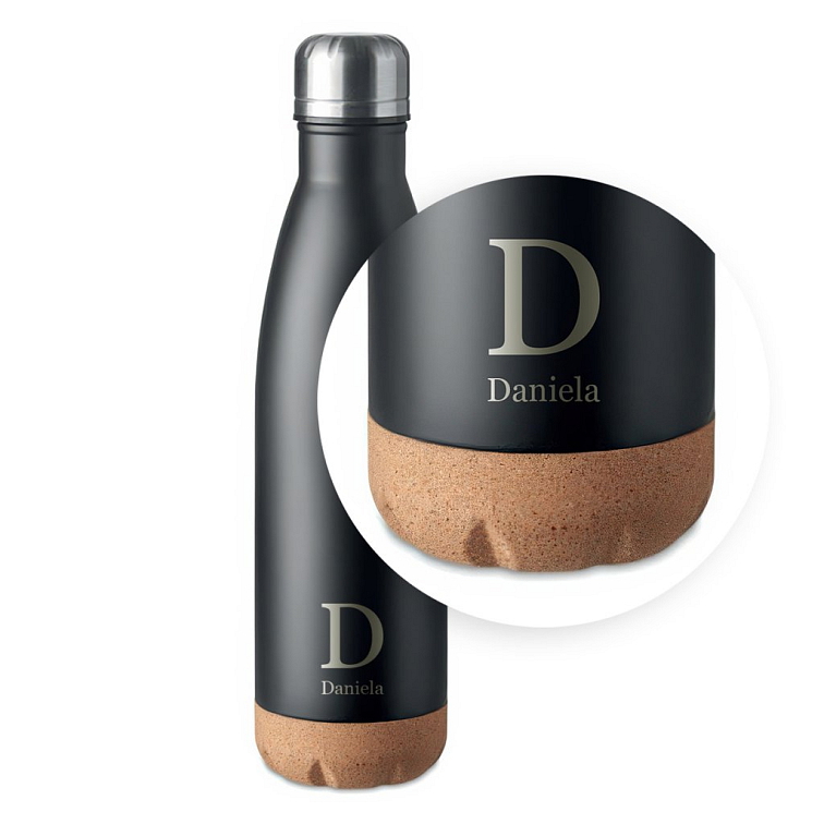 Kovová termolahev s korkovým dnem s motivem na míru, černá
