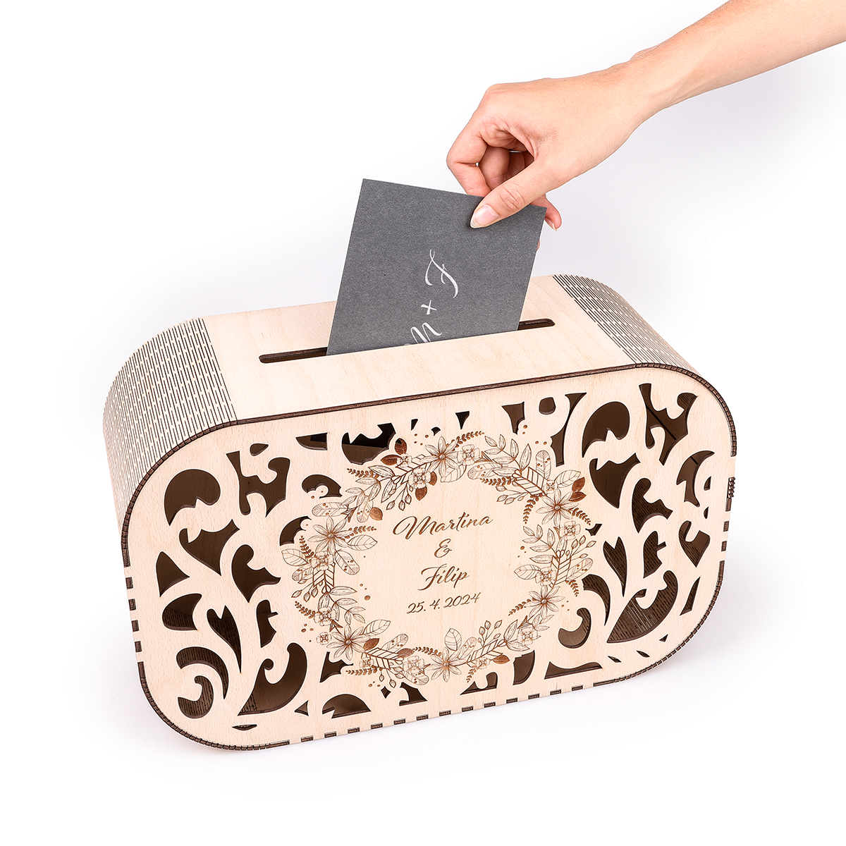 Svatební box na přání s motivem na míru, dřevěné čelo