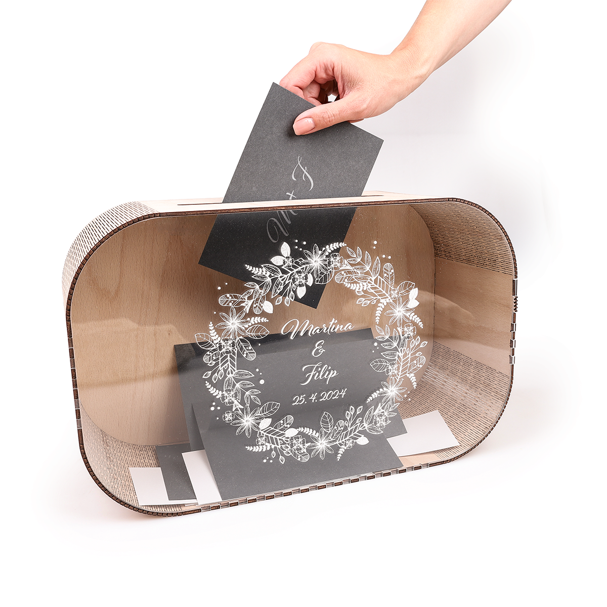 Svatební box na přání s motivem na míru, průhledné čelo