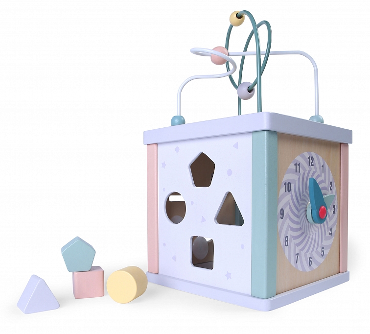 Edukačná drevená kocka s labyrintom kockami a hodinami