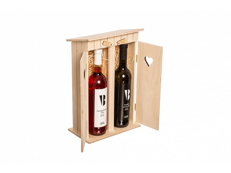 Dřevěná dárková krabička na láhev ve tvaru dvoubudky