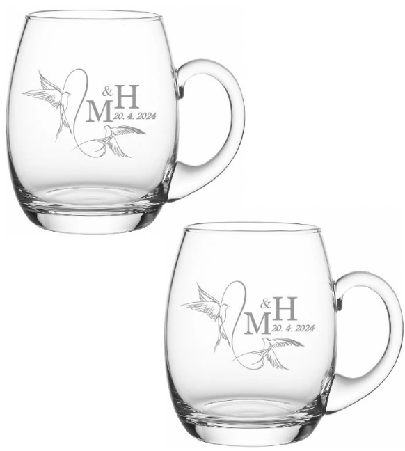 Esküvői kézzel fújt pint poharak GALAMB 2 db