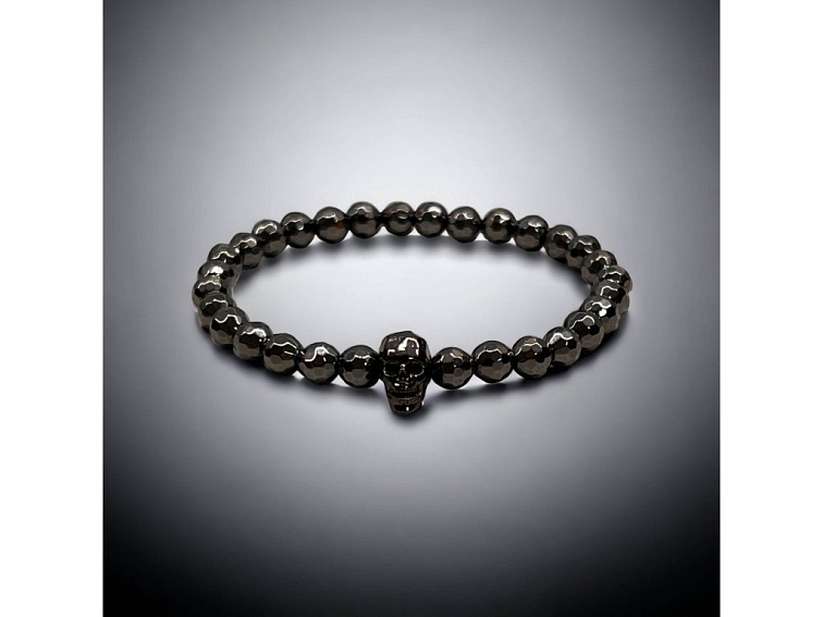 Náramek minerální z broušeného hematitu s lebkou