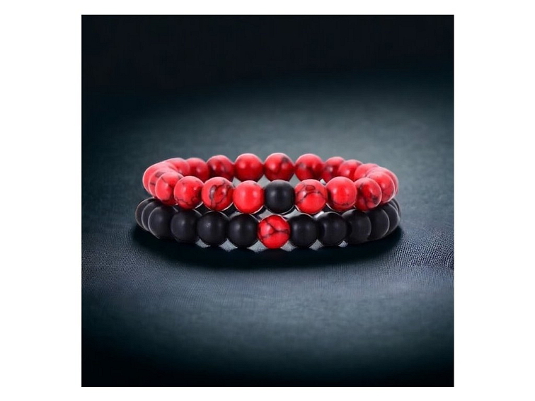 Náramek párový černo - červený (onyx a tyrkys)