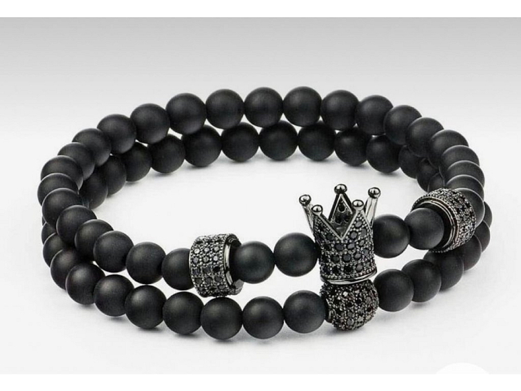 Náramkový set černý s korunkou, rozdělovači a kuličkou se zirkony