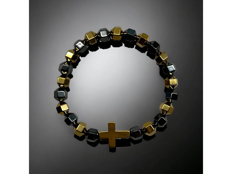 Náramek minerální černo zlatý z broušeného hematitu s křížkem