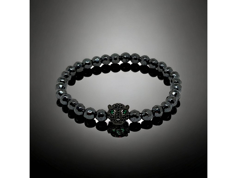 Náramek z broušeného hematitu s panterem se zirkony