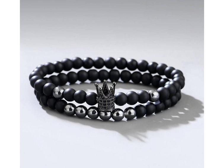 Náramkový set z matného onyxu, černého hematitu a korunky se zirkony