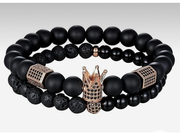 Náramkový set kombinace lávového kamene, onyxu a korálků se zirkony zlatý