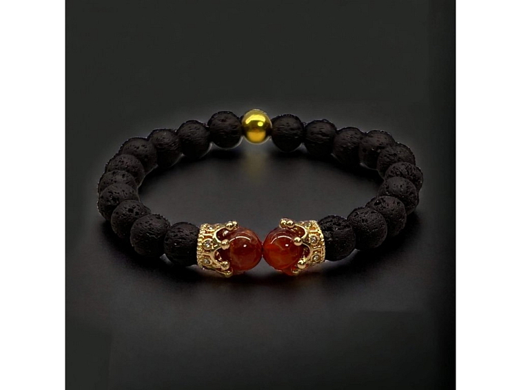 Náramek minerální z lávy s korunkami a karneolem
