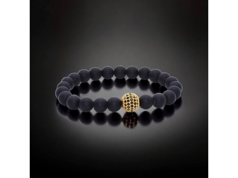 Náramek minerální černý matný s zlatou kuličkou se zirkony