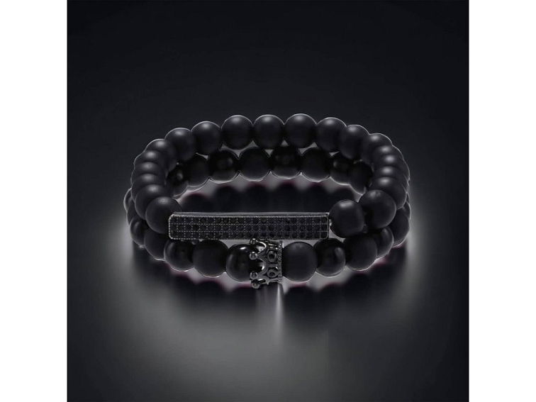 Náramkový set korálkový černý matný s korunkou a destičkou s kubickými zirkony
