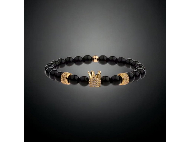 Náramek černo zlatý z onyxu a zlatých rozdělovačů s korunkou se zirkony