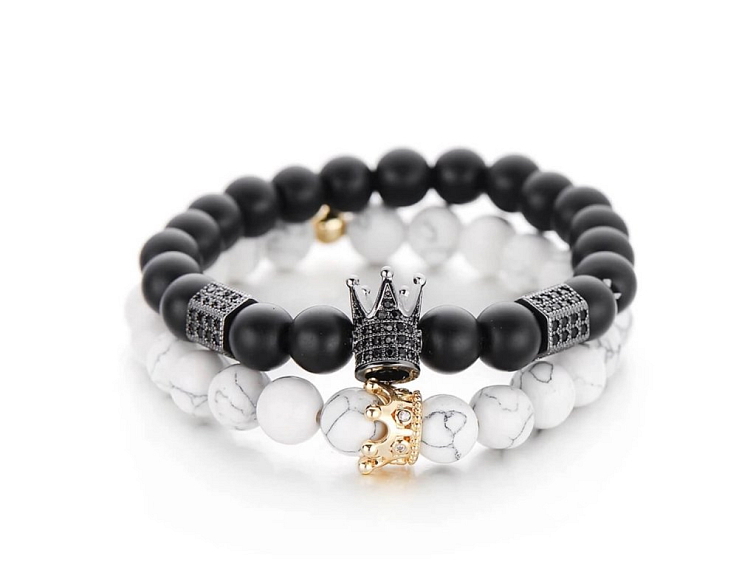 Náramek párový černo bílý s korunkou černou a zlatou se zirkony