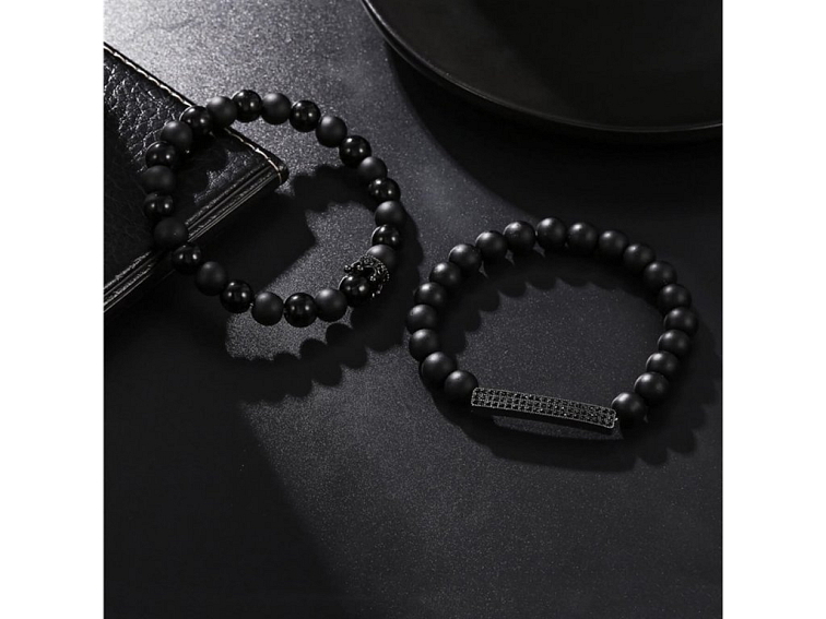 Náramkový set korálkový černý matný s korunkou a destičkou s kubickými zirkony