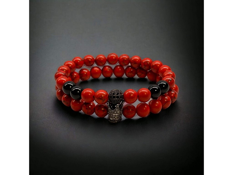 Náramkový set červeno - černý s korunkou a kuličkou se zirkony (tyrkys a onyx)