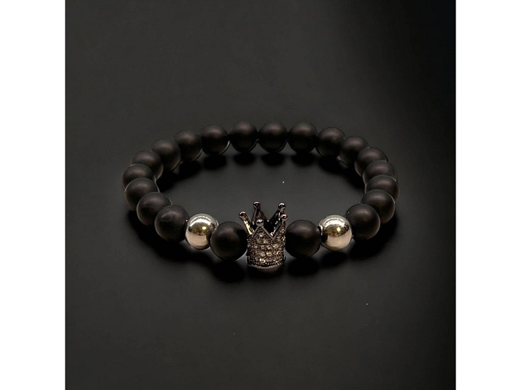 Černý minerální náramek s korunkou se zirkony - onyx a hematit Ø8mm