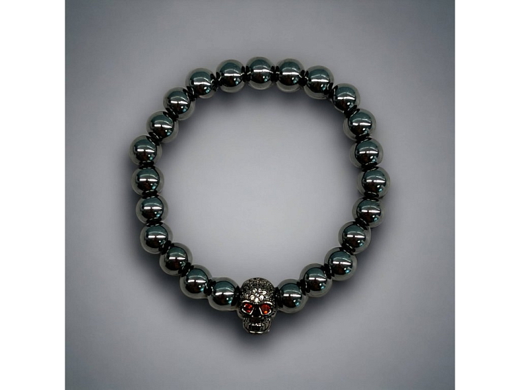 Náramek minerální černý hematit s lebkou se zirkony