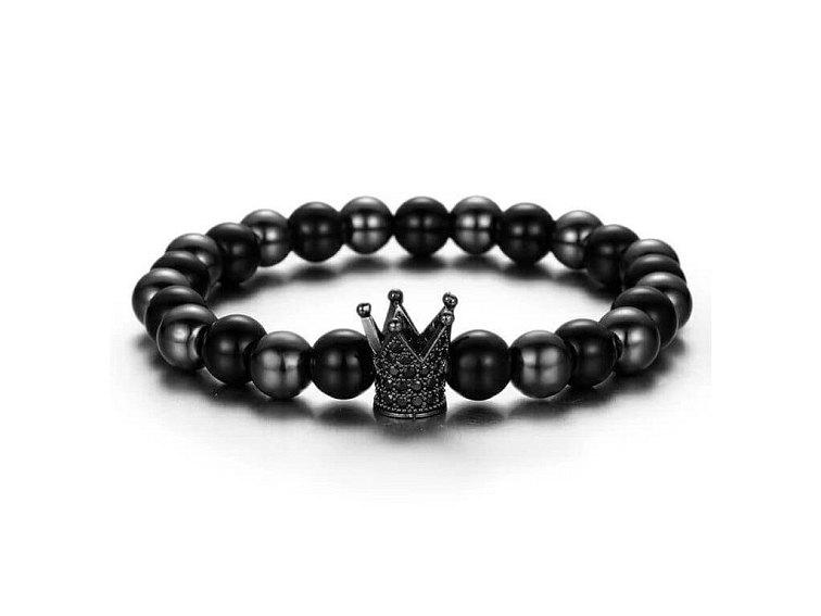 Náramek z černého onyxu a hematitu s černou korunkou se zirkony