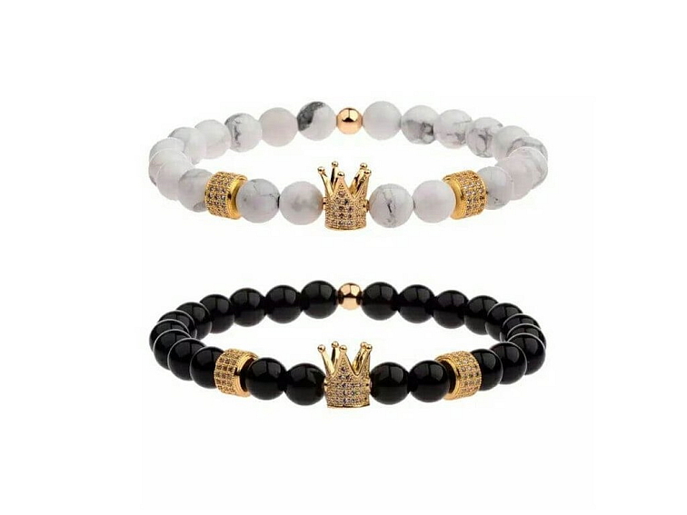 Náramek párový černo - bílý s korunkou a rozdělovači se zirkony