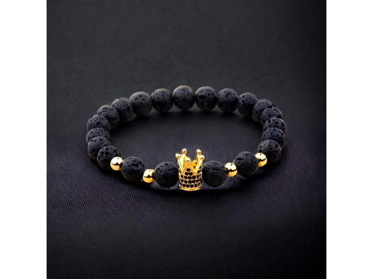 Náramek černý z lávového kamene, hematitu a zlaté korunky se zirkony