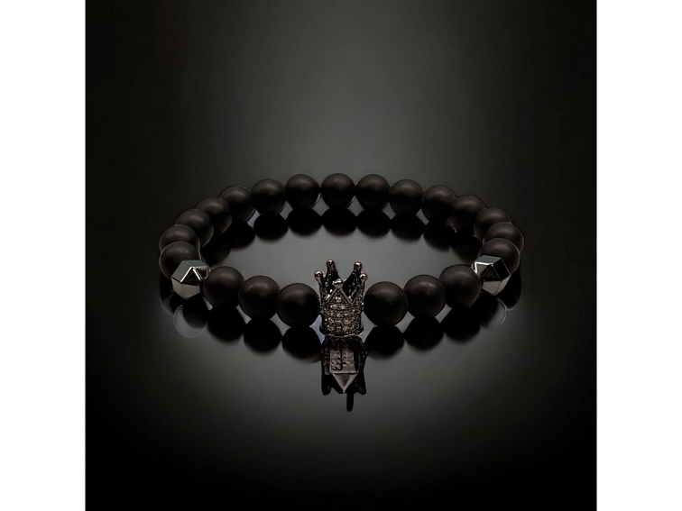 Náramek minerální s korunkou se zirkony (onyx a hematit)