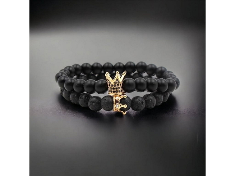 Náramek párový černý s korunkami a zirkonem (onyx a lávový kámen)