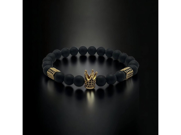 Náramek minerální černý onyx matný se zlatou korunkou a rozdělovači se zirkony