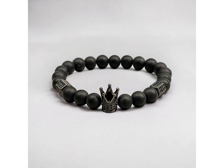 Náramek minerální černý onyx matný s korunkou a rozdělovači se zirkony