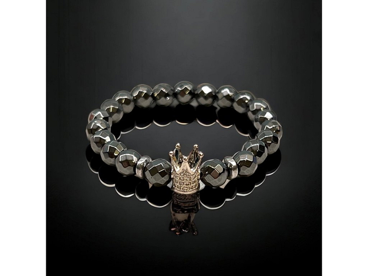 Náramek minerální z broušeného hematitu a korunkou se zirkony