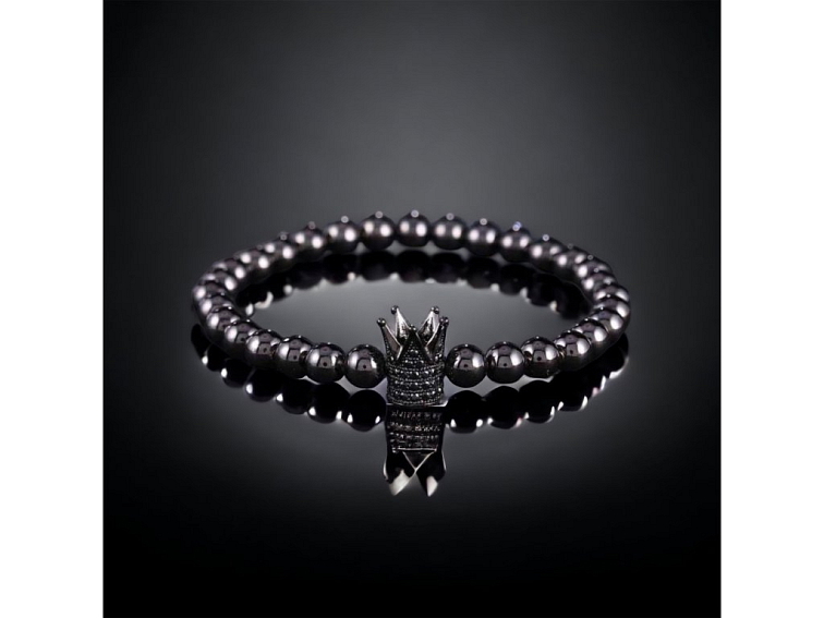 Náramek z černého hematitu s korunkou se zirkony