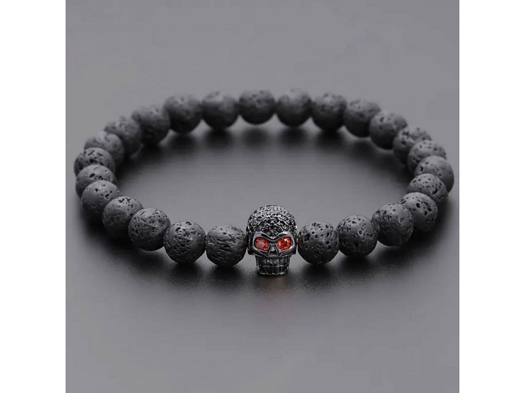 Náramek minerální černý lávový kámen s lebkou se zirkony