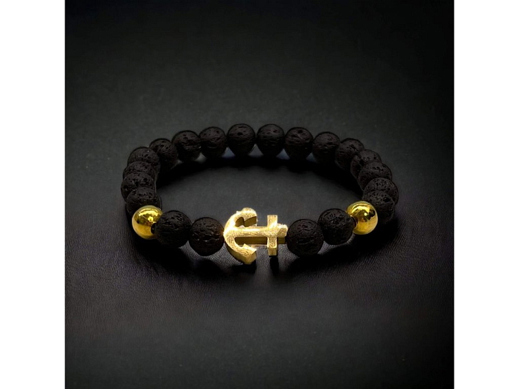 Minerální náramek z lávového kamene a zlatou kotvou