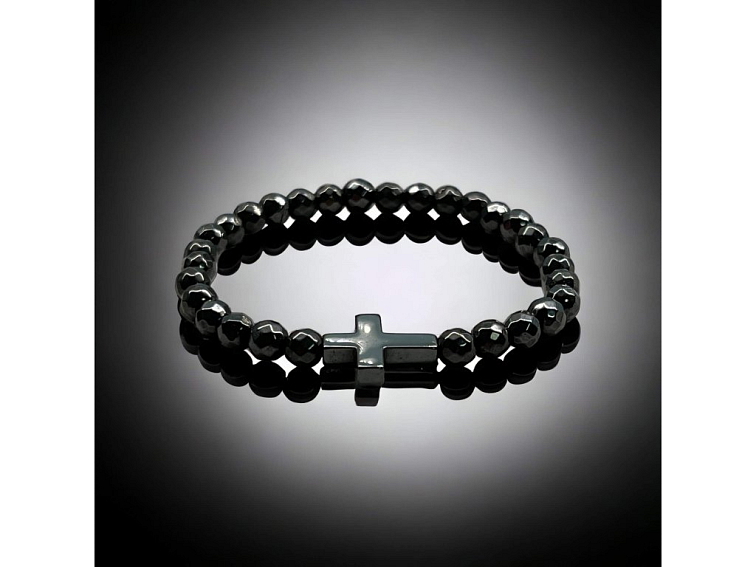 Náramek minerální z broušeného hematitu a křížku