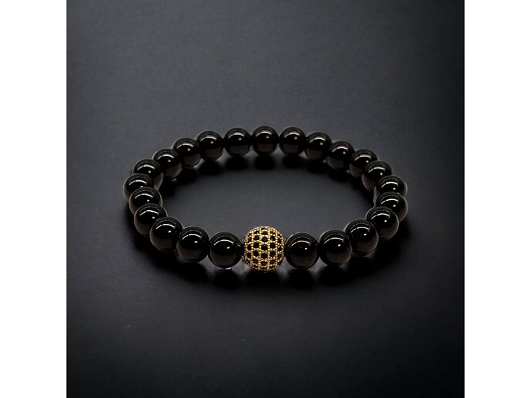 Náramek minerální černý s zlatou kuličkou se zirkony