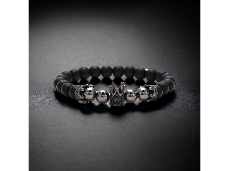 Náramek černý z onyxu, hematitu a černých korunek se zirkony