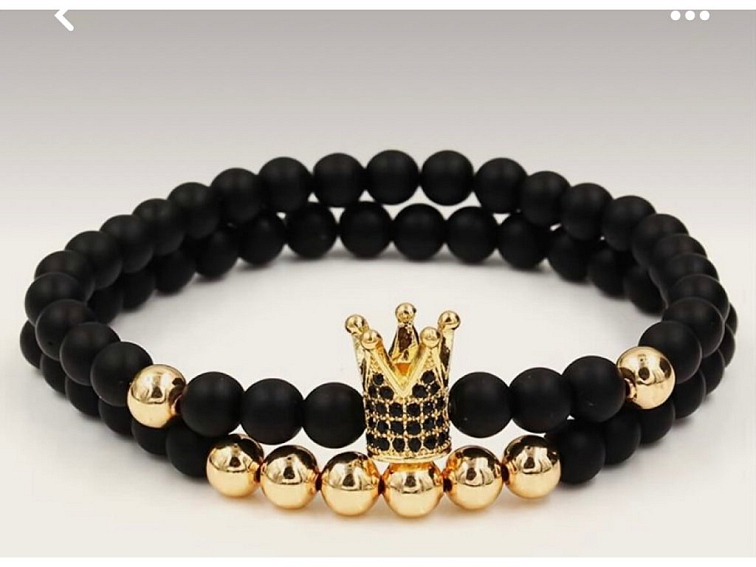 Náramkový set z matného onyxu, zlatého hematitu a korunky se zirkony