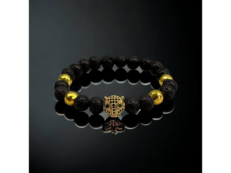 Náramek minerální s lávovými kameny, fasetovou kuličkou z hematitiku a panterem se zirkony