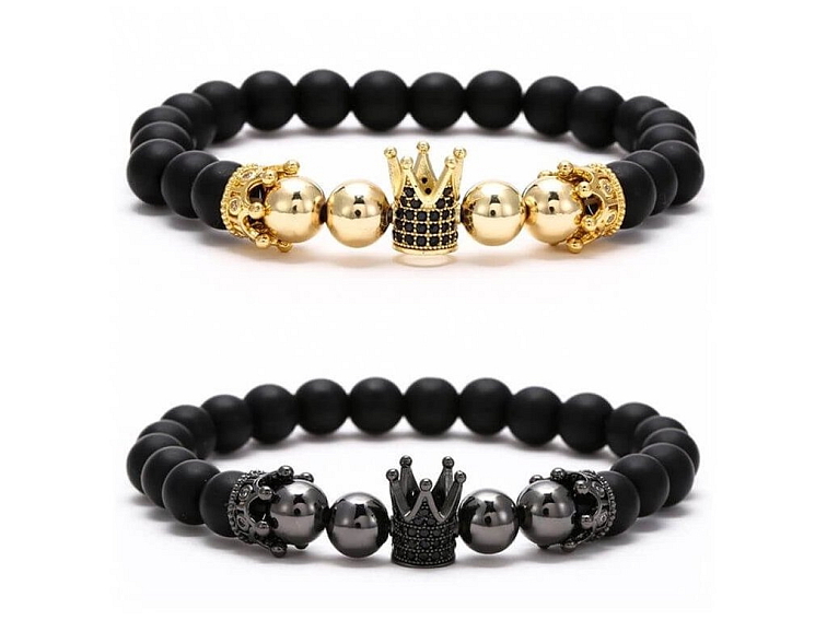 Náramek párový black and gold s korunkou se zirkony