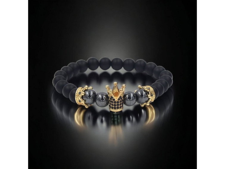 Náramek černý z onyxu, hematitu a zlatých korunek se zirkony