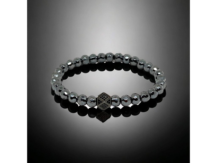 Náramek minerální z hematitu (fasetová černá) s černým oddělovacím korálkem se zirkony