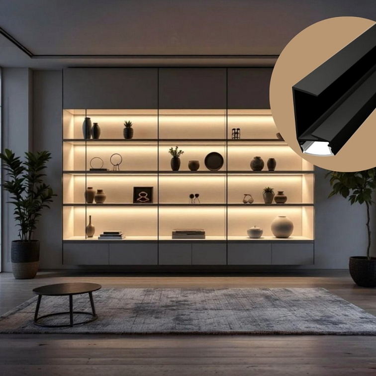 2m LED profile WOODEN SHELF BLACK
